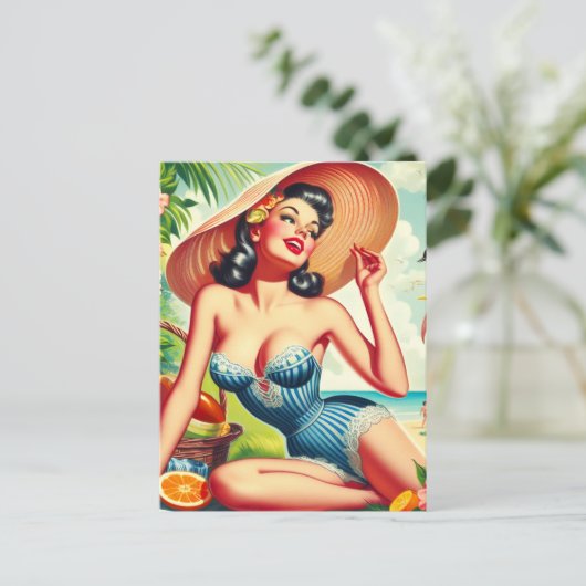 Retro Tropical Beach Pinup Briefkaart (Staand voorkant)