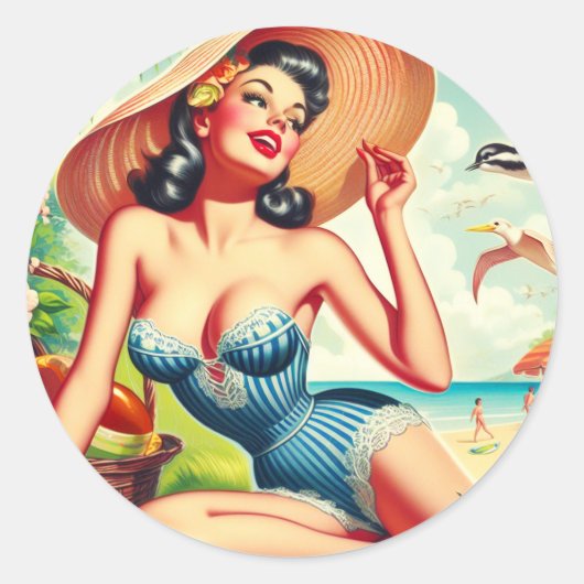 Retro Tropical Beach Pinup Ronde Sticker (Voorkant)