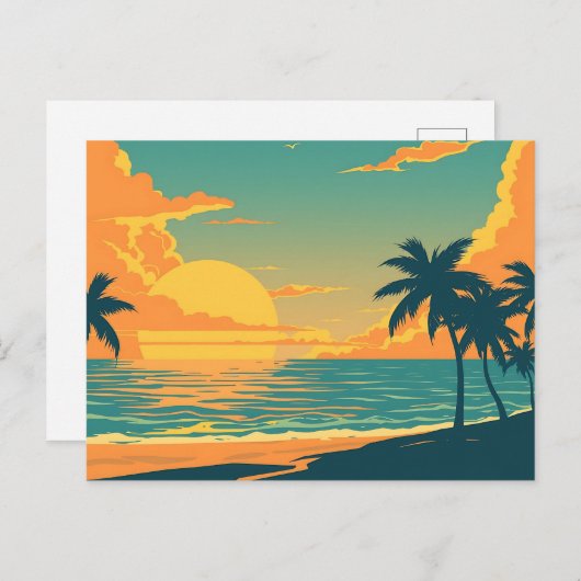 Retro Tropical Beach Zonsondergang Briefkaart (Voorkant / Achterkant)