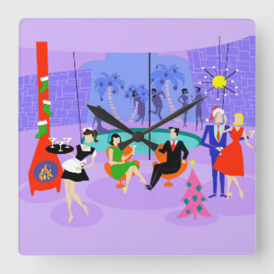 Retro Tropical Christmas Party Wall Clock Vierkante Klok