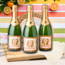 Retro Tropical Citrus Pickleball Vrijgezellenfeest Sparkling Wijnetiket