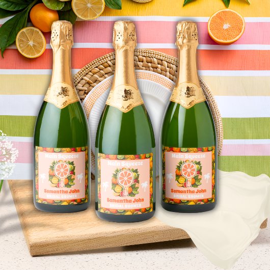 Retro Tropical Citrus Pickleball Vrijgezellenfeest Sparkling Wijnetiket