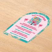 Retro Tropical Flamingo Pickleball Vrijgezellenfee Acryl Uitnodigingen (Laagn)