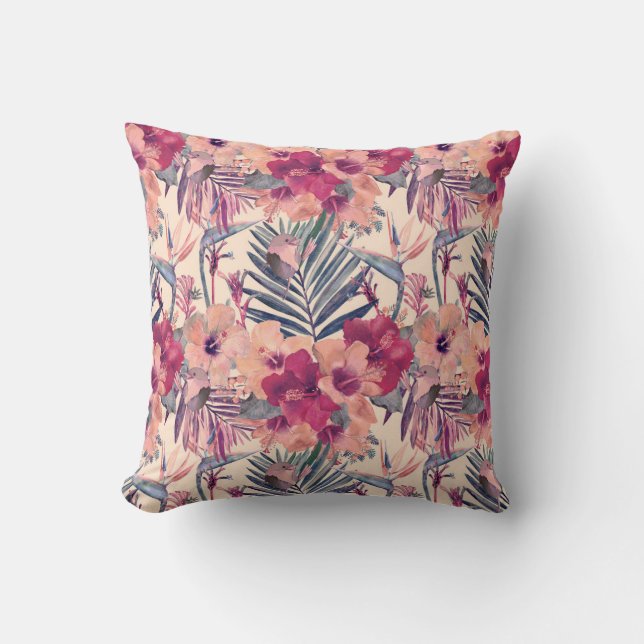 Retro Tropical Hibiscus Wren Pattern Kussen (Voorkant)