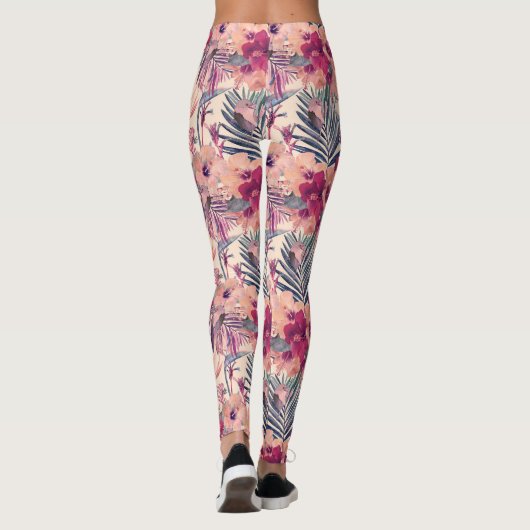 Retro Tropical Hibiscus Wren Pattern Leggings (Achterkant)