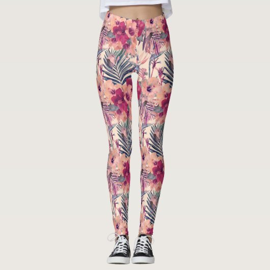 Retro Tropical Hibiscus Wren Pattern Leggings (Voorkant)