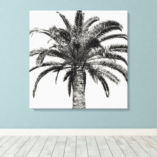 Retro Tropical Island Palm Tree (zwart-wit) Canvas Afdruk (Insitu (Houten vloer))