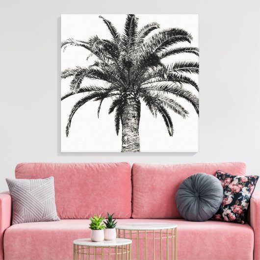 Retro Tropical Island Palm Tree (zwart-wit) Canvas Afdruk (Insitu (Woonkamer))