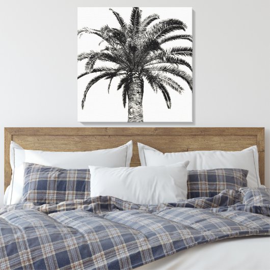 Retro Tropical Island Palm Tree (zwart-wit) Canvas Afdruk (Insitu (Slaapkamer))