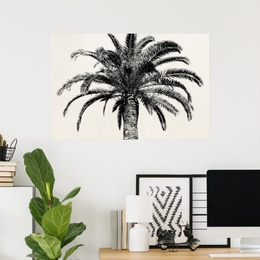 Retro Tropical Island Palm Tree (zwart-wit) Poster (Thuiskantoor)