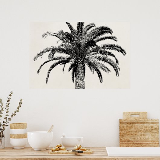 Retro Tropical Island Palm Tree (zwart-wit) Poster (Keuken)
