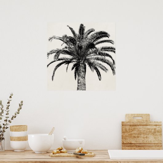 Retro Tropical Island Palm Tree (zwart-wit) Poster (Keuken)