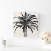 Retro Tropical Island Palm Tree (zwart-wit) Vierkante Klok (Huis)