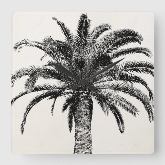 Retro Tropical Island Palm Tree (zwart-wit) Vierkante Klok (Voorkant)