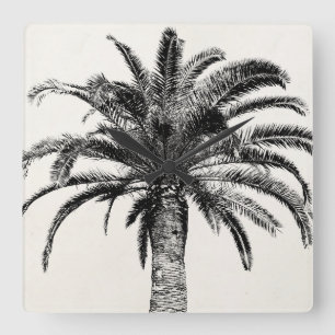 Retro Tropical Island Palm Tree (zwart-wit) Vierkante Klok