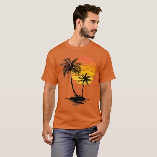 Retro Tropical Palm Trees Sunset Beach Summer Vaca T-shirt (Voorkant volledig)