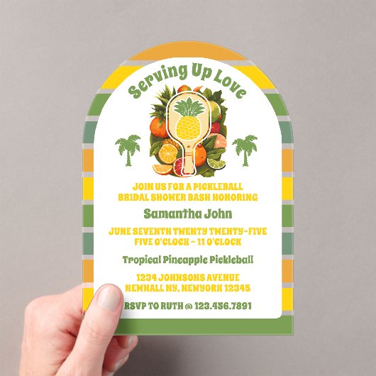 Retro Tropical Pineapple Pickleball Vrijgezellenfe Acryl Uitnodigingen (Insitu (Draagbaar))