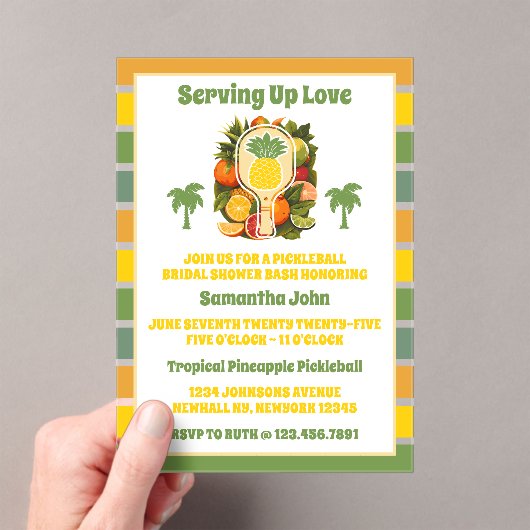 Retro Tropical Pineapple Pickleball Vrijgezellenfe Acryl Uitnodigingen (Insitu (Draagbaar))