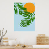 Retro Tropical Sun Palm Leaves Blue Minimal Poster (Keuken)