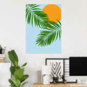 Retro Tropical Sun Palm Leaves Blue Minimal Poster (Thuiskantoor)