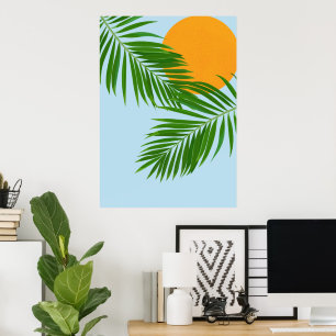 Retro Tropical Sun Palm Leaves Blue Minimal Poster