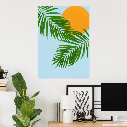 Retro Tropical Sun Palm Leaves Blue Minimal Poster (Thuiskantoor)
