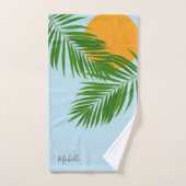 Retro Tropical Sun Palm Leaves Blue Minimum Name Bad Handdoek (Handdoek)