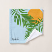Retro Tropical Sun Palm Leaves Blue Minimum Name Bad Handdoek (Wasdoekje)