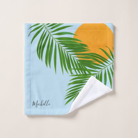 Retro Tropical Sun Palm Leaves Blue Minimum Name Bad Handdoek (Wasdoekje)