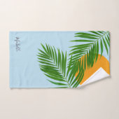Retro Tropical Sun Palm Leaves Blue Minimum Name Bad Handdoek (Handdoek)