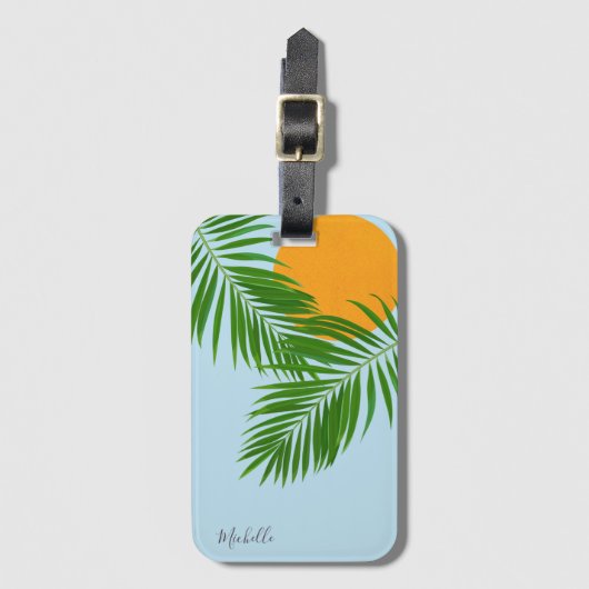 Retro Tropical Sun Palm Leaves Blue Minimum Name Bagagelabel (Voorkant (verticaal))