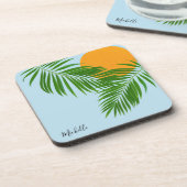 Retro Tropical Sun Palm Leaves Blue Minimum Name Bier Onderzetter (Linkerzijde)