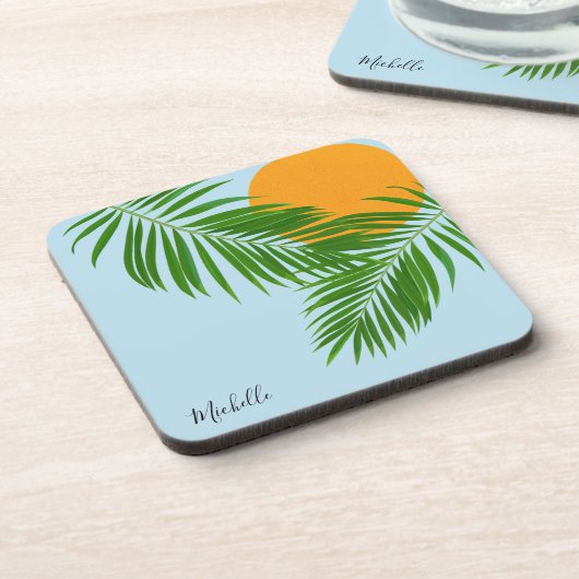 Retro Tropical Sun Palm Leaves Blue Minimum Name Bier Onderzetter (Linkerzijde)