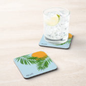 Retro Tropical Sun Palm Leaves Blue Minimum Name Bier Onderzetter (Rechterzijde)