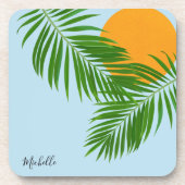 Retro Tropical Sun Palm Leaves Blue Minimum Name Bier Onderzetter (Voorkant)
