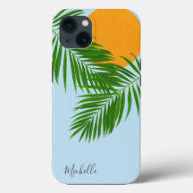 Retro Tropical Sun Palm Leaves Blue Minimum Name