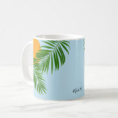 Retro Tropical Sun Palm Leaves Blue Minimum Name Koffiemok (Voorkant links)