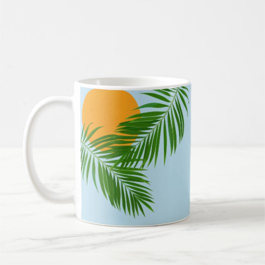 Retro Tropical Sun Palm Leaves Blue Minimum Name Koffiemok (Links)