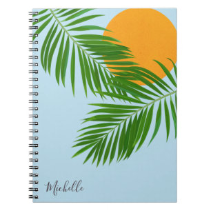 Retro Tropical Sun Palm Leaves Blue Minimum Name Notitieboek