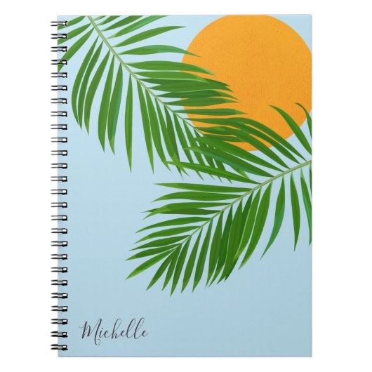 Retro Tropical Sun Palm Leaves Blue Minimum Name Notitieboek (Voorkant)