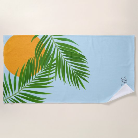Retro Tropical Sun Palm Leaves Blue Minimum Name Strandlaken (Voorkant)