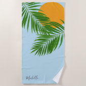 Retro Tropical Sun Palm Leaves Blue Minimum Name Strandlaken (Voorkant)