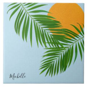 Retro Tropical Sun Palm Leaves Blue Minimum Name Tegeltje