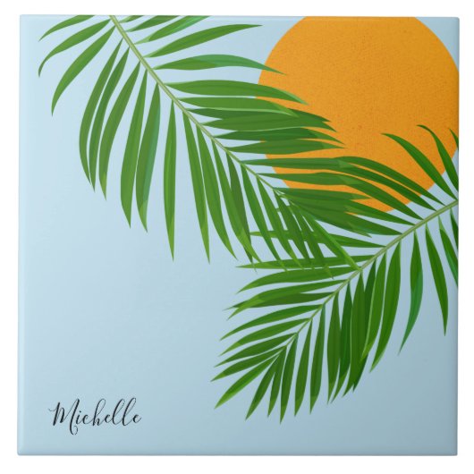 Retro Tropical Sun Palm Leaves Blue Minimum Name Tegeltje (Voorkant)