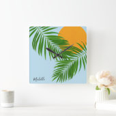 Retro Tropical Sun Palm Leaves Blue Minimum Name Vierkante Klok (Huis)