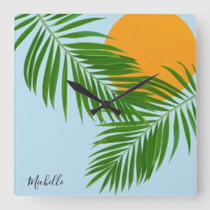 Retro Tropical Sun Palm Leaves Blue Minimum Name Vierkante Klok