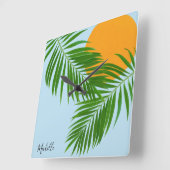 Retro Tropical Sun Palm Leaves Blue Minimum Name Vierkante Klok (Hoek)