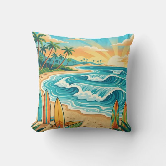 Retro Tropical Surf Beach Waves Throw Pillow Kussen (Voorkant)