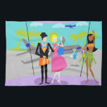 Retro Tropical Vacation Kitchen Towel Theedoek<br><div class="desc">Deze Retro Tropical Vacation Kitchen Towel is voorzien van een minimalistische cartoon tekening van een aantrekkelijk stel dat de reis van een leven maakt! De moderne middeleeuwse scène is op een tropisch vliegveld geplaatst. De heer en mevrouw Tourist leggen zich voor de vloer voor aan glazen plafondmuren. Ze willen immers...</div>