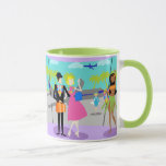 Retro Tropical Vacation Mok<br><div class="desc">Deze Retro Tropical Vacation Mok bevat een minimalistische cartoon tekening van een aantrekkelijk stel dat de reis van een leven maakt! De moderne middeleeuwse scène is op een tropisch vliegveld geplaatst. De heer en mevrouw Tourist leggen zich voor de vloer voor aan glazen plafondmuren. Ze willen immers elk moment van...</div>